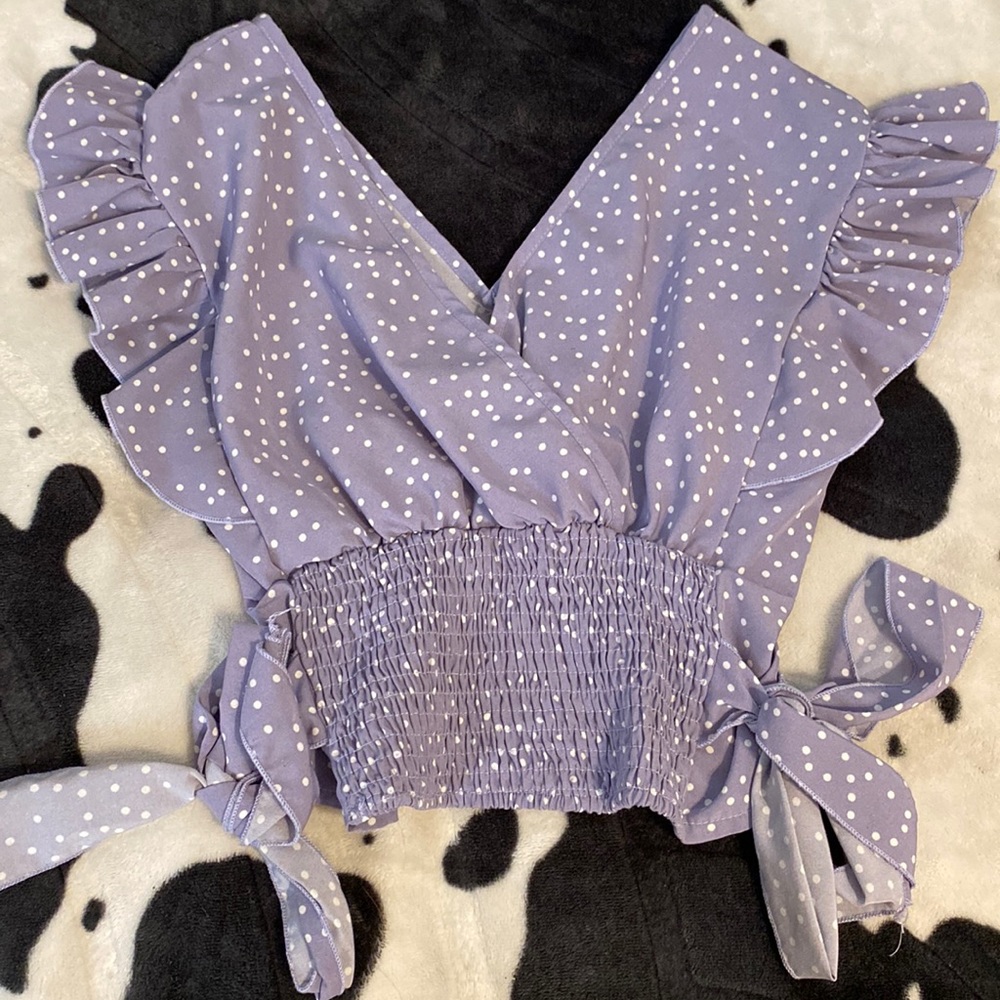 shein Ruffle Armhole Shirred Hem Polka-Dot Top